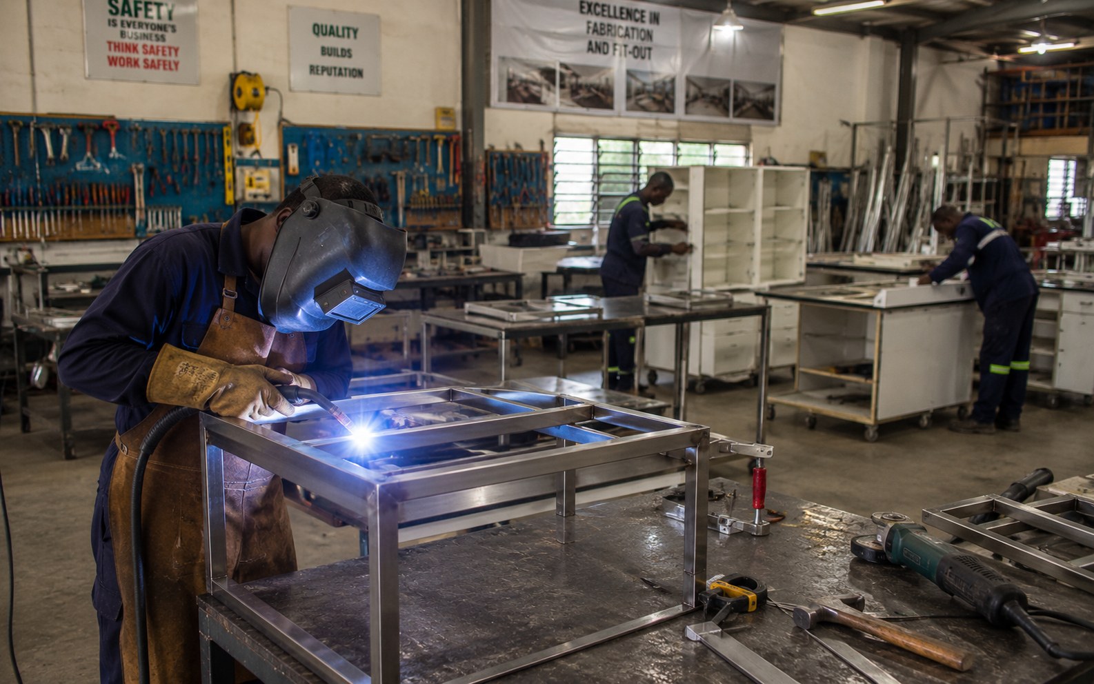 BC Industries welder fabricating stainless-steel cabinet frames in the workshop