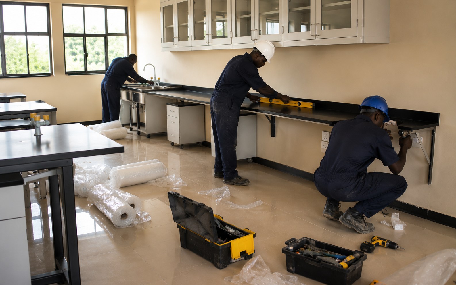 BC Industries technicians installing lab benches and utilities in a new laboratory