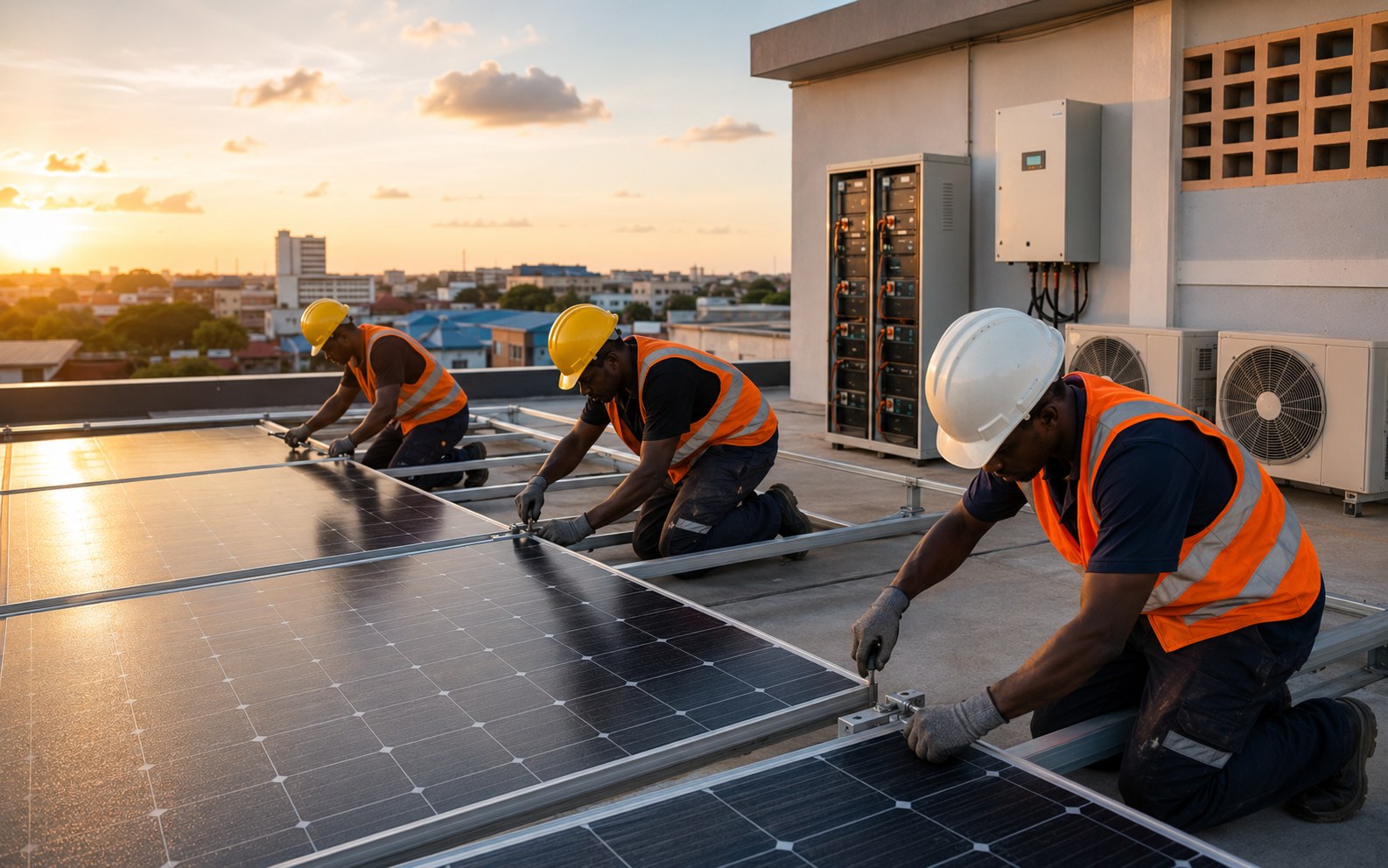 BC Industries technicians installing rooftop solar backup panels at sunset